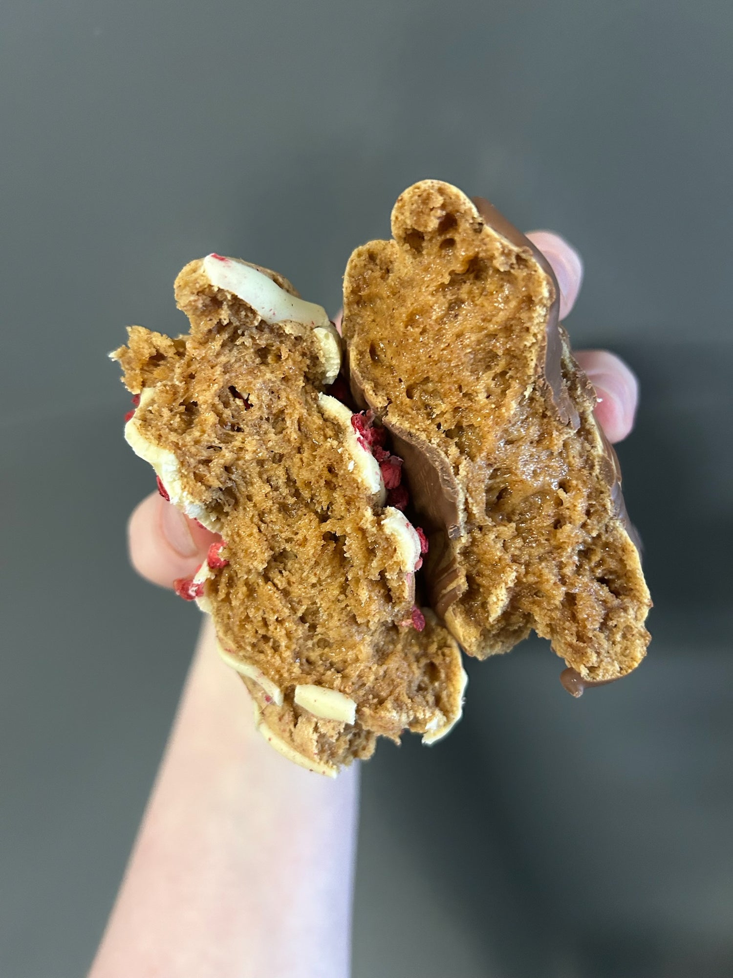 Cross section of a soft gooy proetin cookie